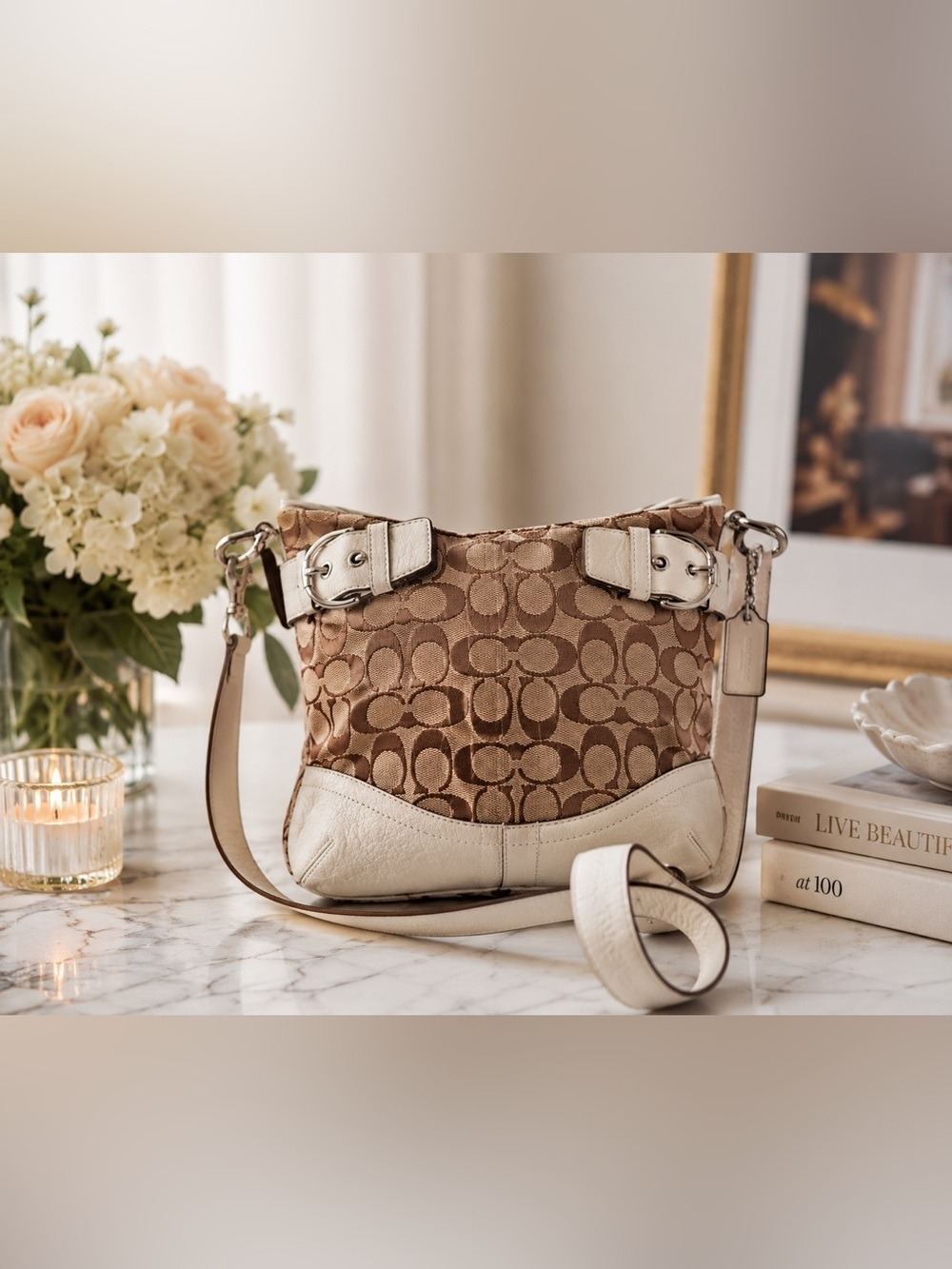 Vintage Coach Signature Canvas & Leather Hobo Shoulder Bag Cream Brown F03574